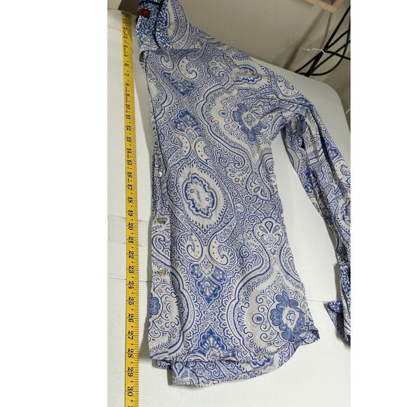Ted‎ Baker Shirt Mens 16 40.5 Blue Geo Button Up 100% Cotton French Flip Cuffs - Picture 10 of 10